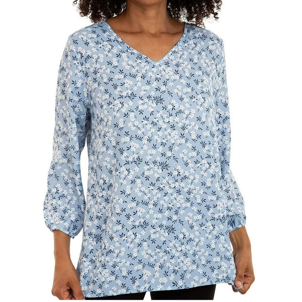 Mario Serrani Tunic Blouse Size XL V-Neck 3/4 Sleeve Blue Flowers Lightweight